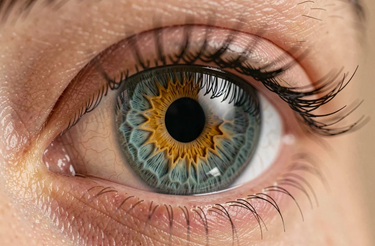 Macro extrême d'un iris humain révélant les zones de couleur distinctes entre le centre doré et le contour bleu teal