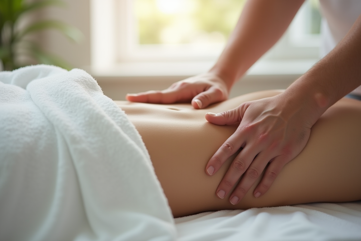 Mains propres effectuant un massage abdominal sur un homme en milieu lumineux