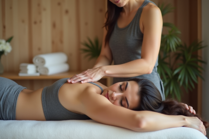 Femme détendue recevant un massage du dos dans un studio