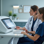 Medecin femme expliquant ecran HIFU en clinique moderne