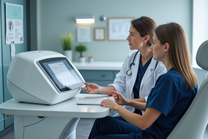 Medecin femme expliquant ecran HIFU en clinique moderne