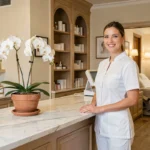 Intérieur élégant d'un institut de beauté en Normandie avec une esthéticienne accueillante à la réception