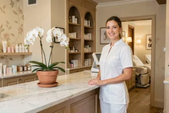 Intérieur élégant d'un institut de beauté en Normandie avec une esthéticienne accueillante à la réception