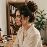 Jeune femme aux cheveux bouclés coiffée d'un money bun naturel devant un miroir de coiffeuse