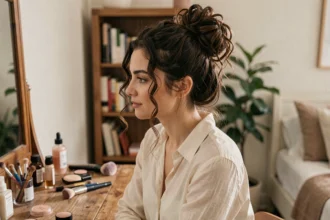 Jeune femme aux cheveux bouclés coiffée d'un money bun naturel devant un miroir de coiffeuse