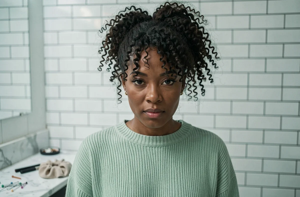 Femme aux cheveux bouclés 3C en train de réaliser un money bun dans une salle de bain moderne