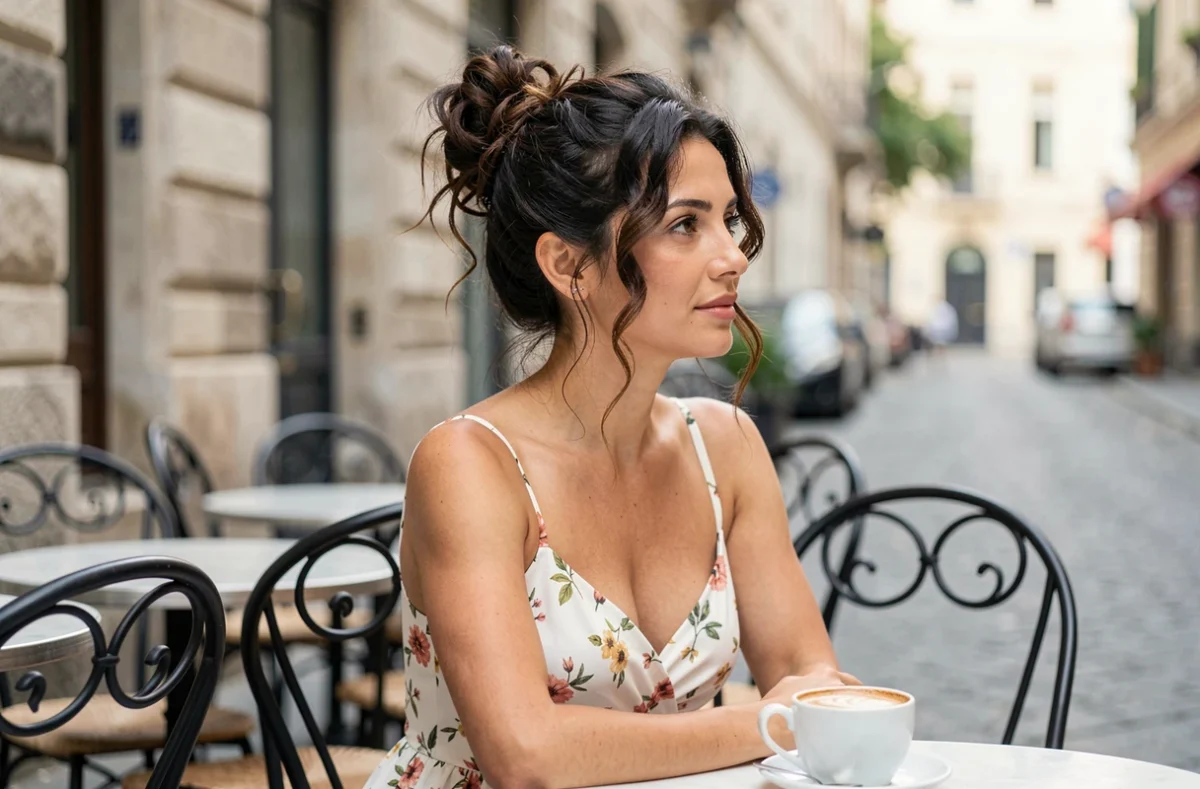 Femme méditerranéenne avec un money bun décontracté en terrasse de café lors d'une matinée de week-end