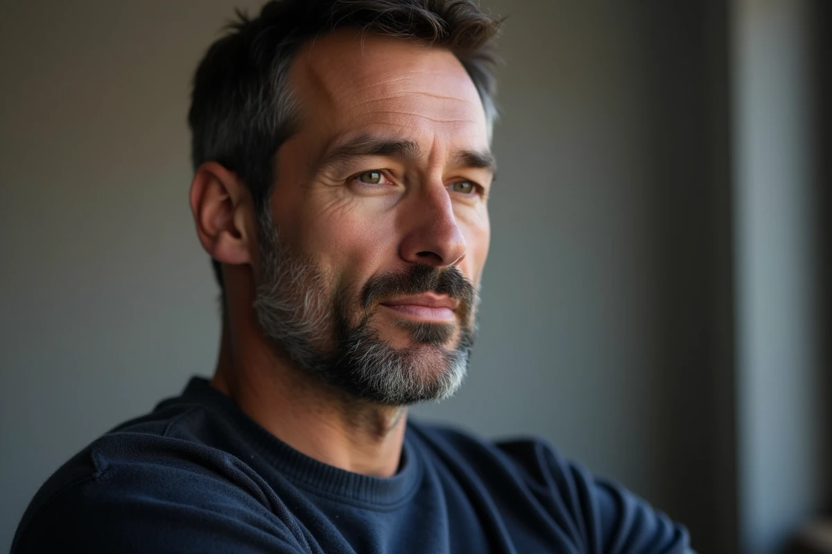 Portrait trois quarts d'un homme mature avec un nez romain, bosse nasale prononcée et pointe légèrement inclinée, fond gris neutre