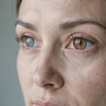 Gros plan sur les yeux d'une femme montrant la nuance centrale ambrée et le contour bleu-vert de l'iris