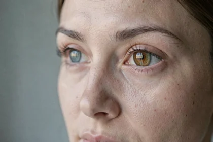 Gros plan sur les yeux d'une femme montrant la nuance centrale ambrée et le contour bleu-vert de l'iris
