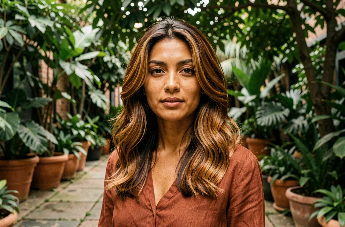 Femme peau mate aux cheveux caramel et miel en vagues naturelles dans un jardin urbain