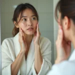 Femme examinant sa peau grasse et brillante dans un miroir de salle de bain avec une bouteille d'huile d'olive visible sur le comptoir