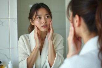 Femme examinant sa peau grasse et brillante dans un miroir de salle de bain avec une bouteille d'huile d'olive visible sur le comptoir