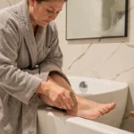 Femme appliquant une pierre ponce sur un talon avec de la peau morte tenace dans une salle de bain
