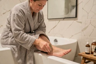 Femme appliquant une pierre ponce sur un talon avec de la peau morte tenace dans une salle de bain