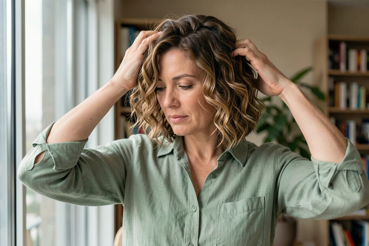 Femme aux cheveux courts avec permanente wavy visible sur cheveux fins dans un appartement contemporain