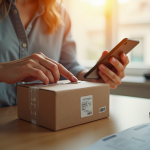 Personne emballant un colis avec smartphone en main