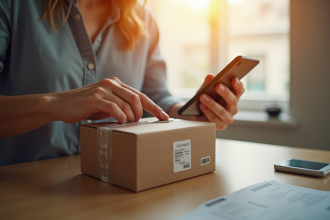 Personne emballant un colis avec smartphone en main