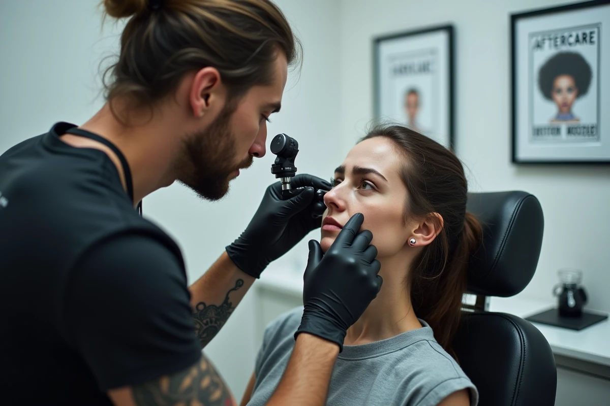 Pierceur professionnel en gants noirs examinant un piercing de nez dans un studio de piercing moderne pour évaluer un rejet ou une irritation