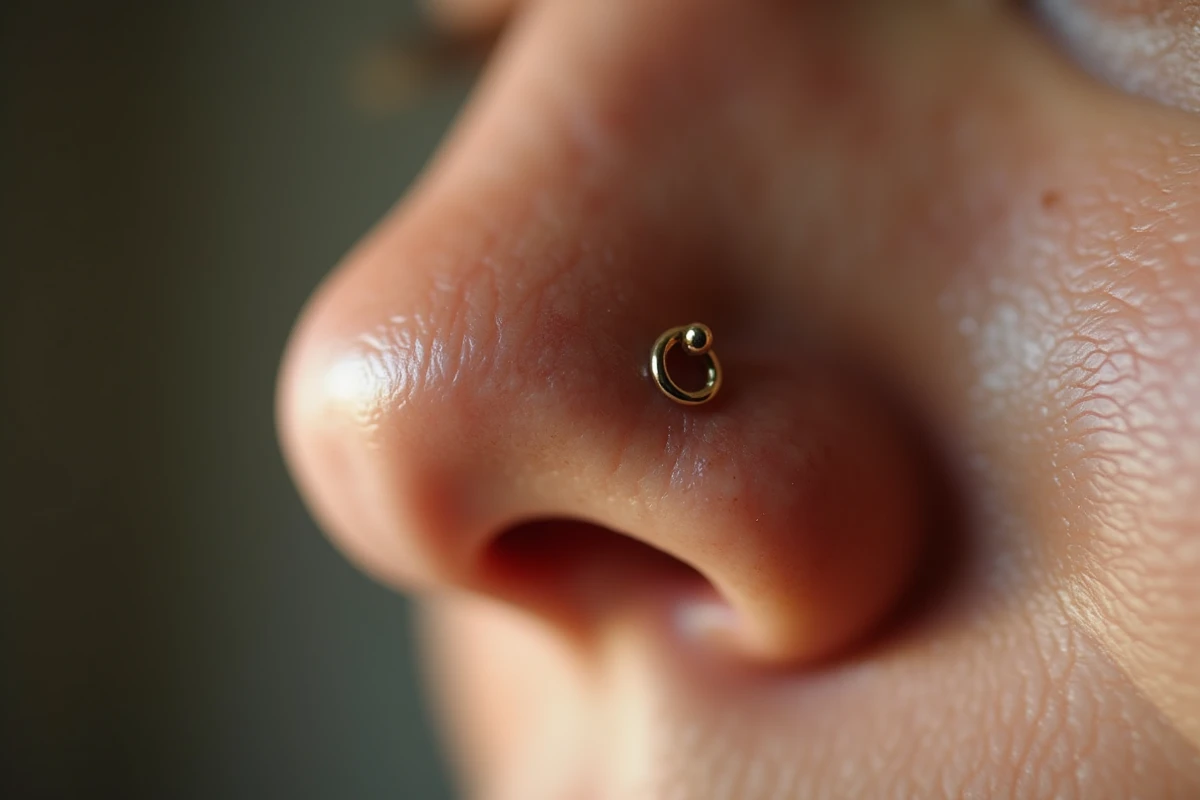Gros plan sur un piercing au nez avec anneau doré montrant des signes de gonflement et de desquamation autour du canal