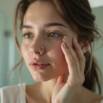 Jeune femme examinant son piercing au nez avec légère rougeur autour du bijou, signe possible d'irritation