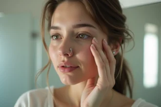 Jeune femme examinant son piercing au nez avec légère rougeur autour du bijou, signe possible d'irritation