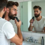 Homme taillant un rasage ticket de métro parfaitement droit devant un miroir de salle de bain