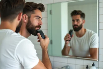Homme taillant un rasage ticket de métro parfaitement droit devant un miroir de salle de bain