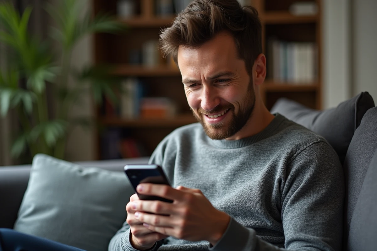 Homme consultant son smartphone pour réinitialiser son mot de passe sur le site de vente au personnel L'Oréal depuis chez lui