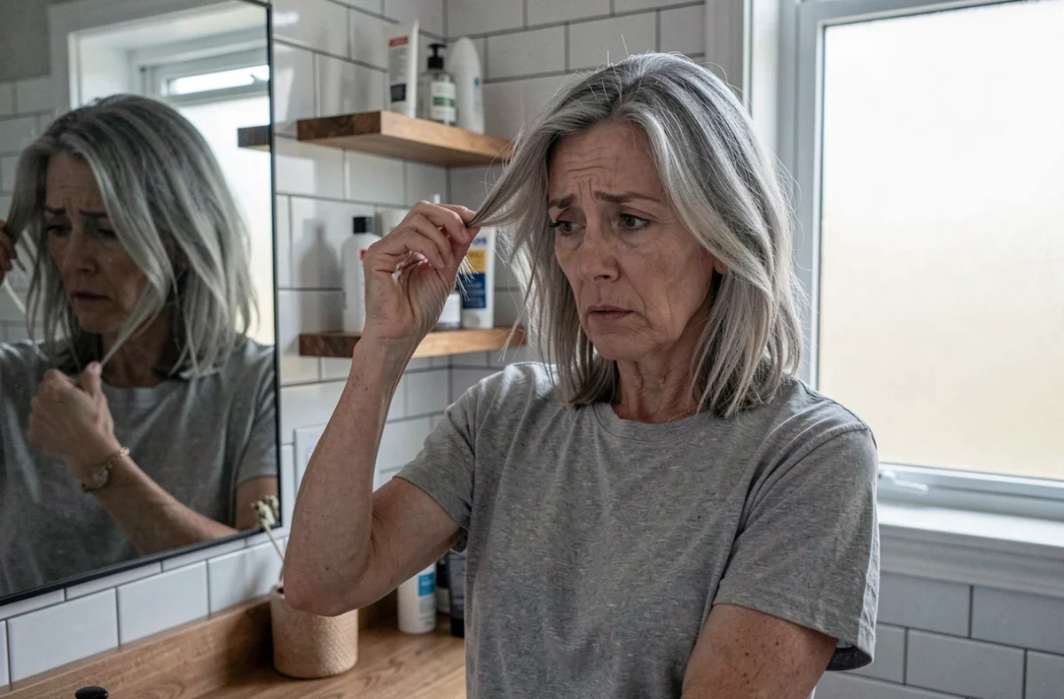 Femme d'une cinquantaine d'années inspectant sa repousse et son balayage mal fondu sur cheveux gris devant son miroir