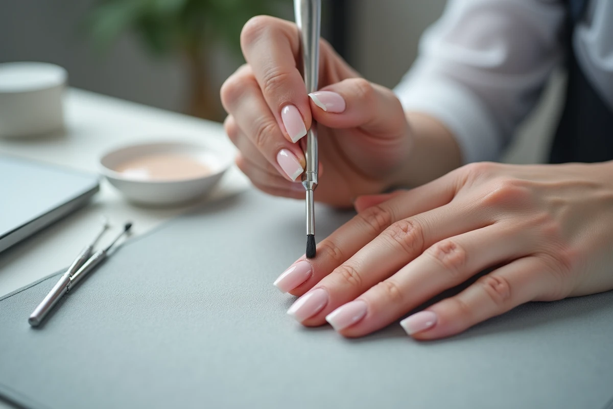 Retouche de remplissage sur des ongles porcelaine avec repousse visible lors d'une séance en salon