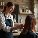 Coiffeuse professionnelle coupant les cheveux d'une cliente dans le salon Hair-actuel.fr à La Chapelle-Heulin