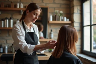 Coiffeuse professionnelle coupant les cheveux d'une cliente dans le salon Hair-actuel.fr à La Chapelle-Heulin