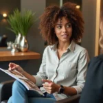 Femme aux cheveux bouclés en salon moderne parlant avec sa coiffeuse