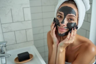 Femme appliquant du savon noir sur son visage à peau grasse dans une salle de bain minimaliste