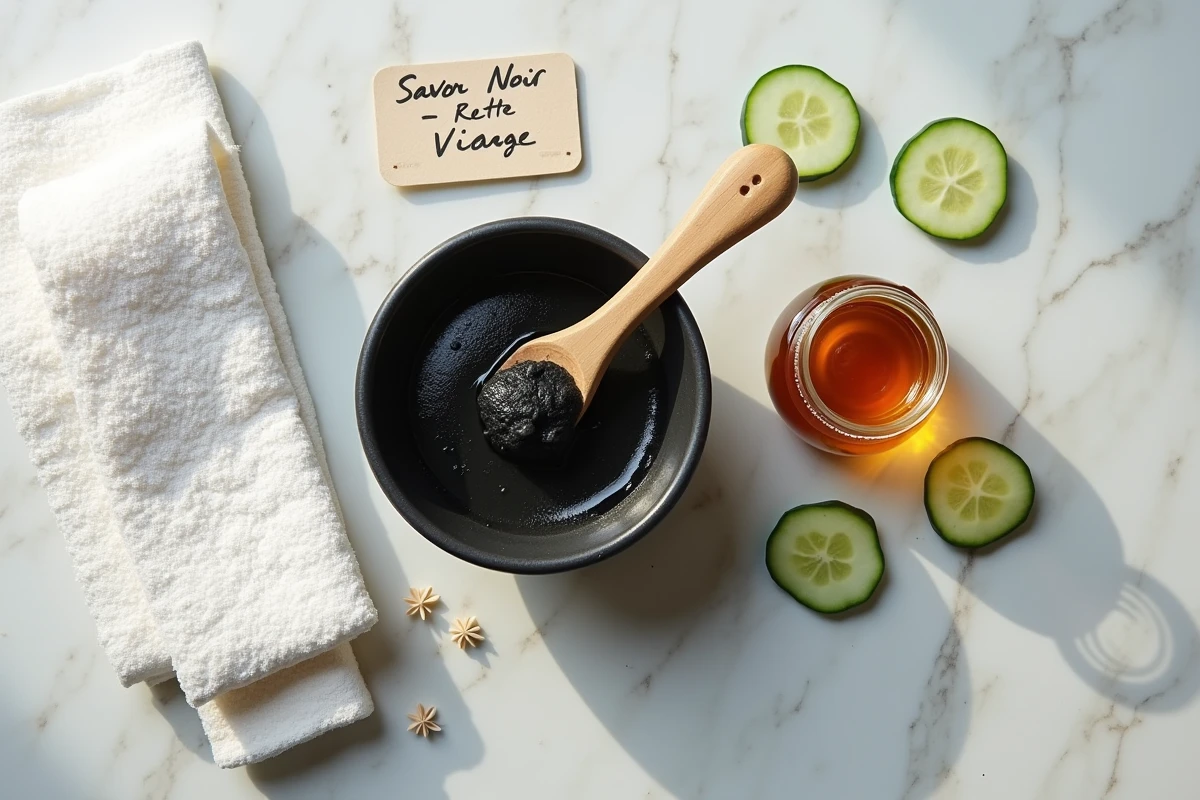 Flat lay de savon noir dissous dans un bol en céramique avec accessoires de soin visage sur marbre blanc