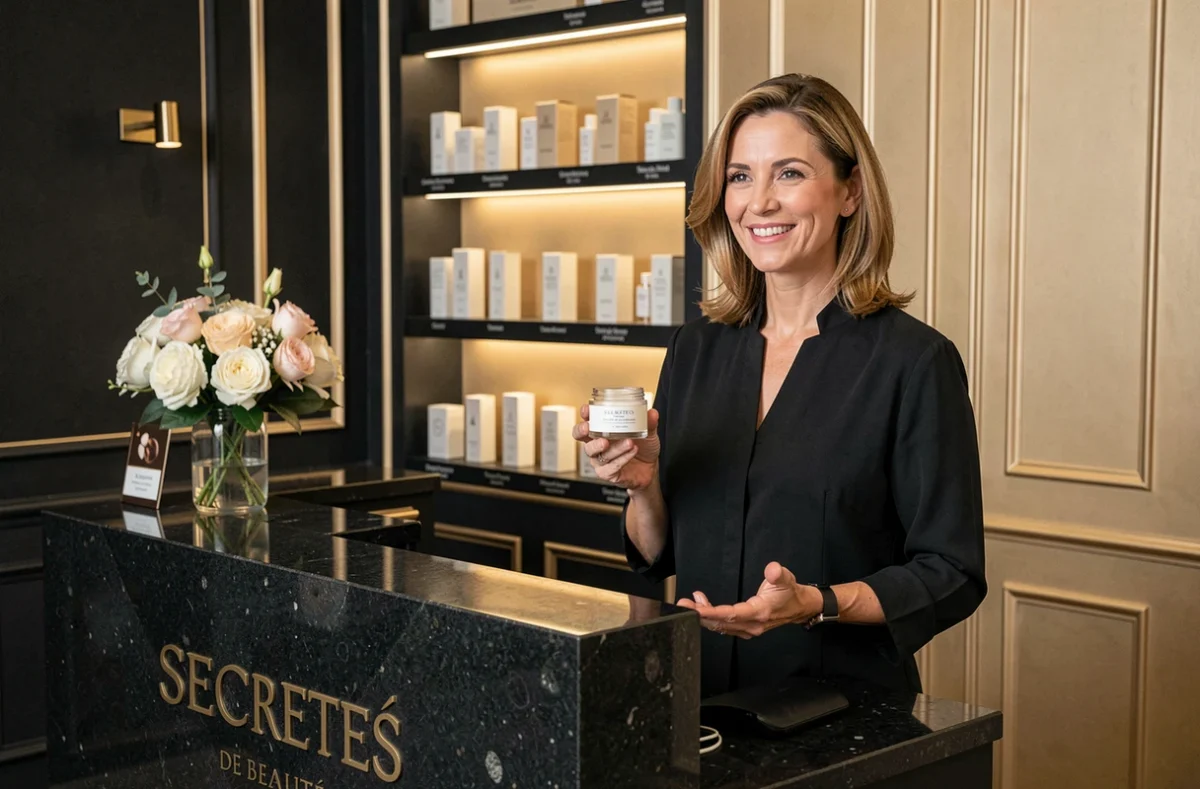 Esthéticienne présentant un soin dans la réception sophistiquée de l'institut Secrets de Beauté