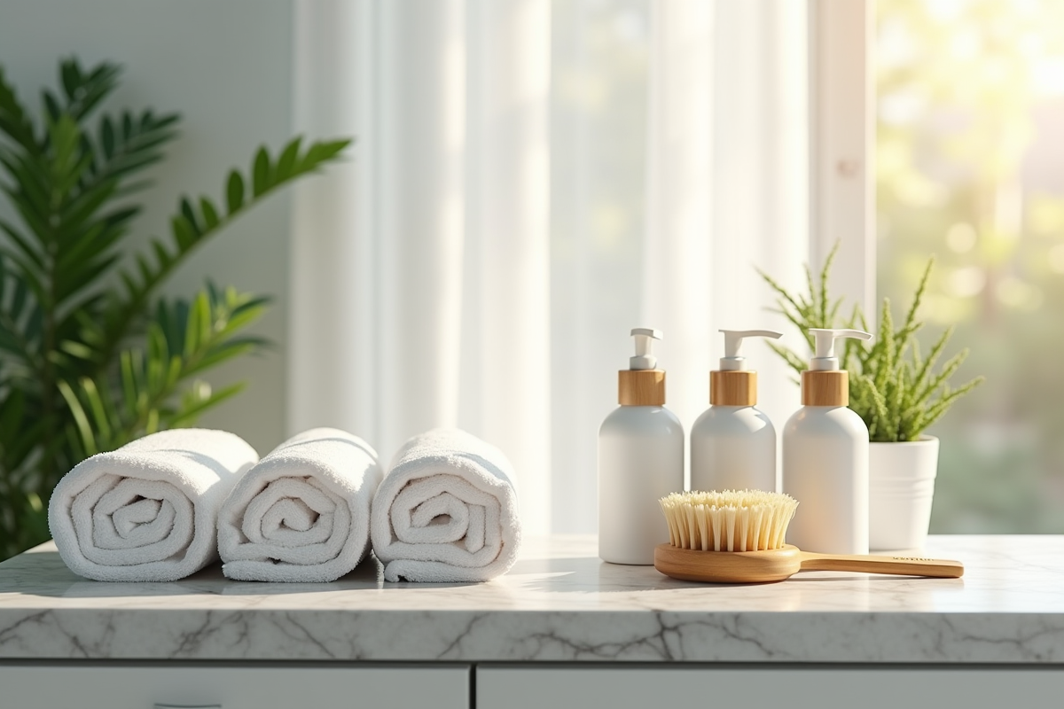 Serviettes propres brosse en bois et produits de soin naturels