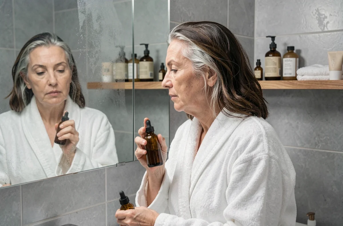 Femme appliquant un sérum capillaire naturel devant un miroir de salle de bain pour ralentir l'apparition des cheveux blancs