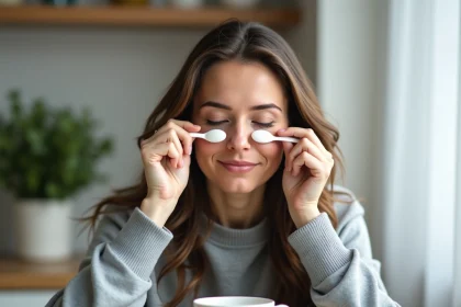 Femme appliquant soin sous les yeux le matin