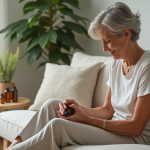 Femme se massant les pieds avec des huiles essentielles dans un salon