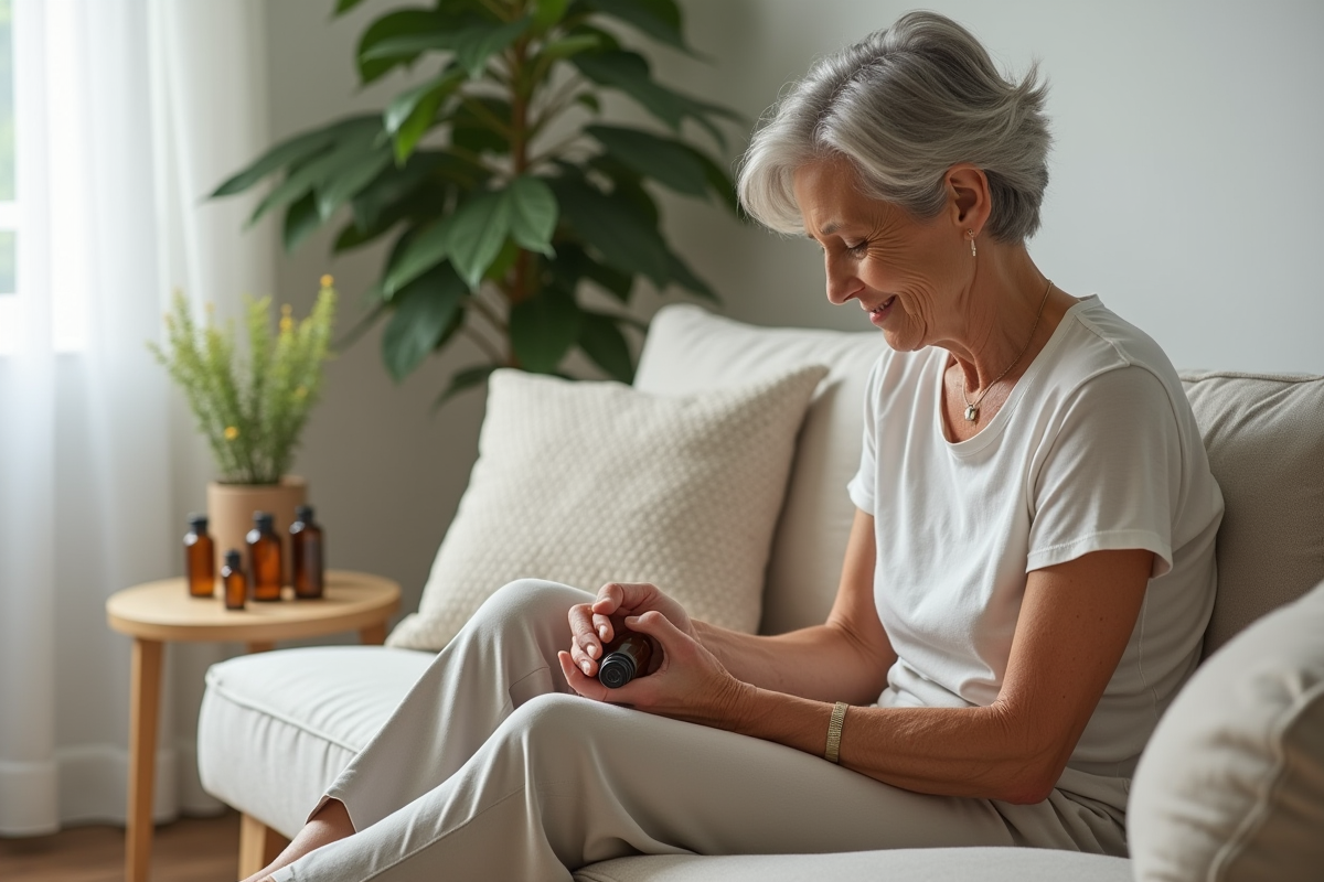 Femme se massant les pieds avec des huiles essentielles dans un salon