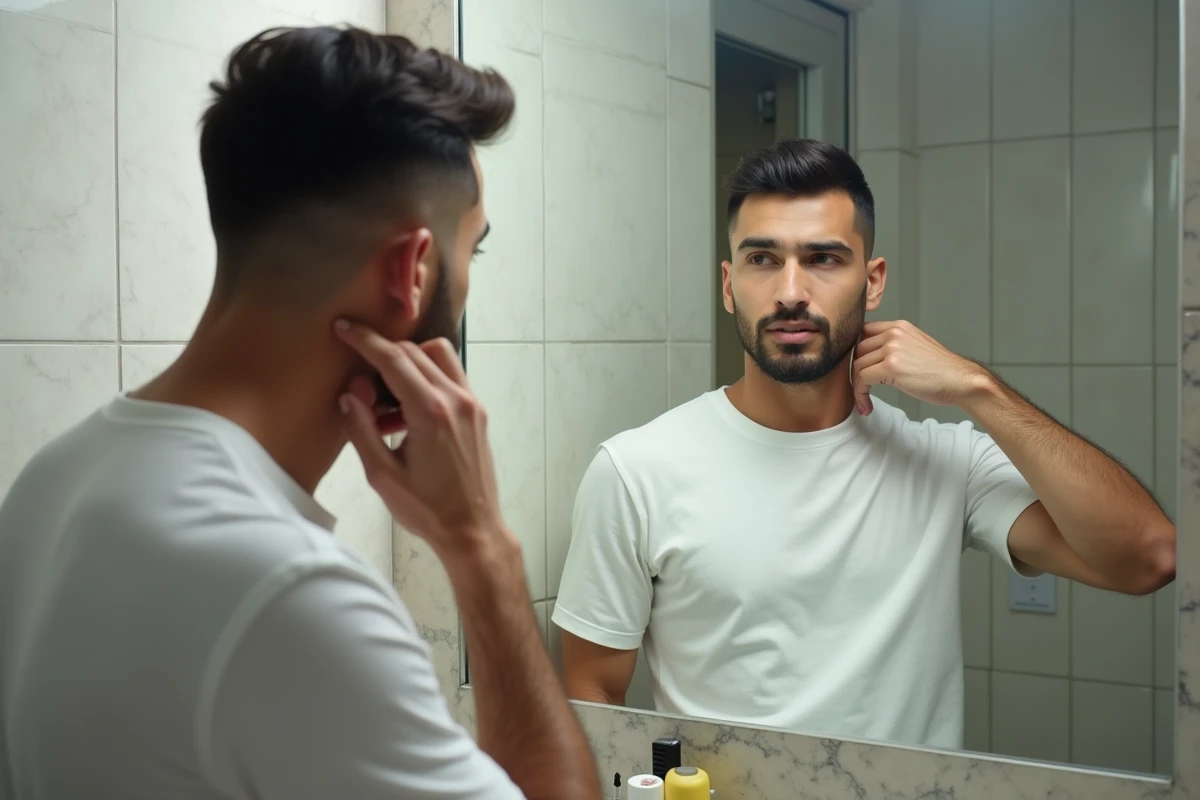 Homme inspectant sa coupe taper en repousse devant un miroir de salle de bain, montrant l'évolution de l'entretien de la coiffure