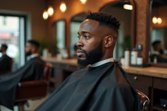 Homme avec une coupe taper fade nette chez le barbier, illustrant l'entretien d'une coupe fraîchement réalisée