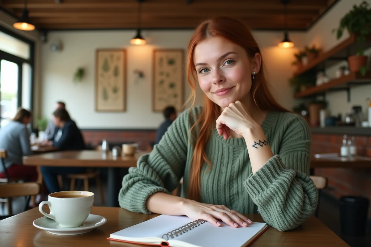 Femme dans un café écrivant dans un journal avec un tatouage trois triangles visible sur le poignet