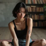 Jeune femme introspective montrant un tatouage trois triangles sur l'avant-bras dans un studio minimaliste en béton