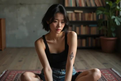 Jeune femme introspective montrant un tatouage trois triangles sur l'avant-bras dans un studio minimaliste en béton