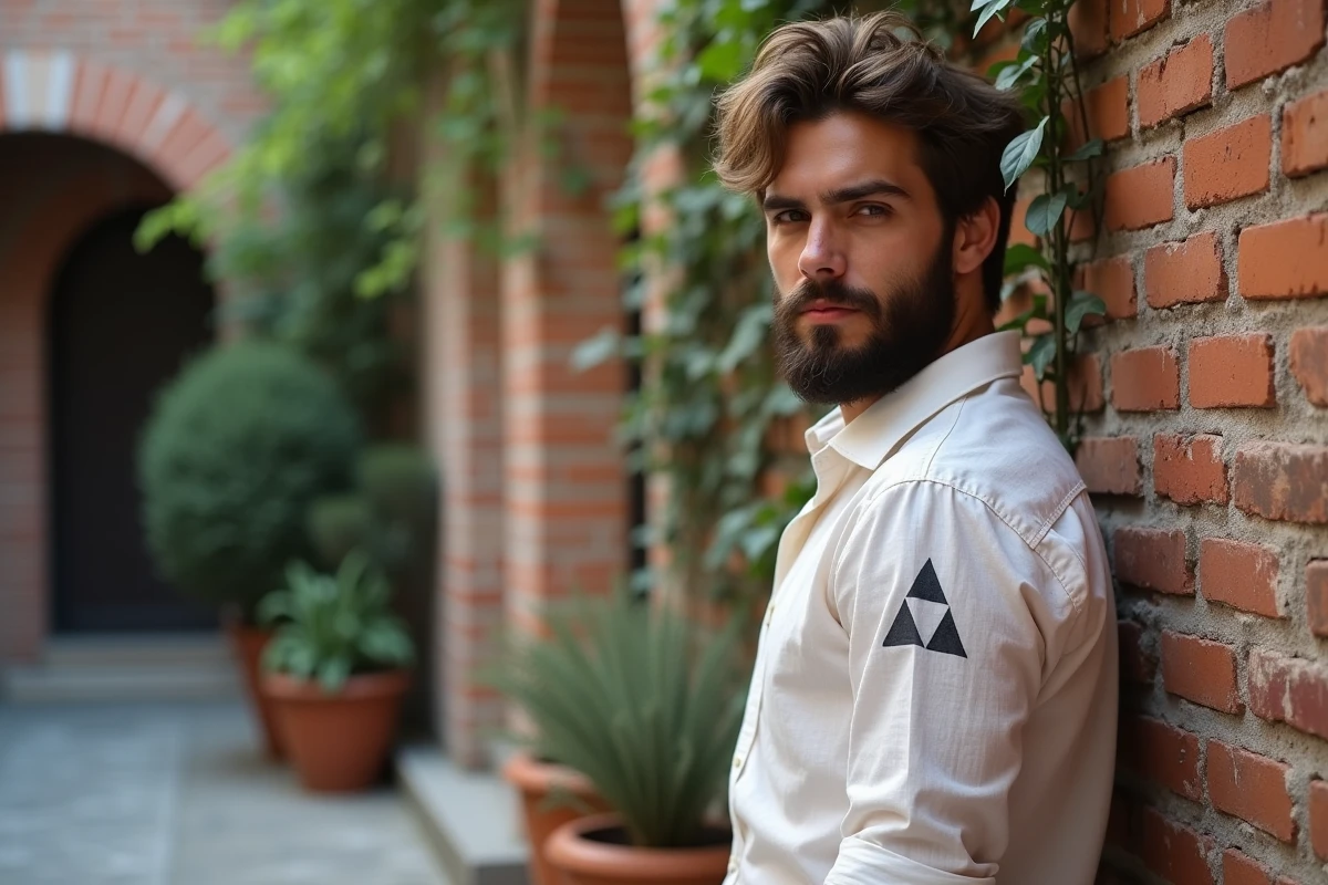 Homme barbu aux manches retroussées révélant un tatouage trois triangles sur la main contre un mur de briques