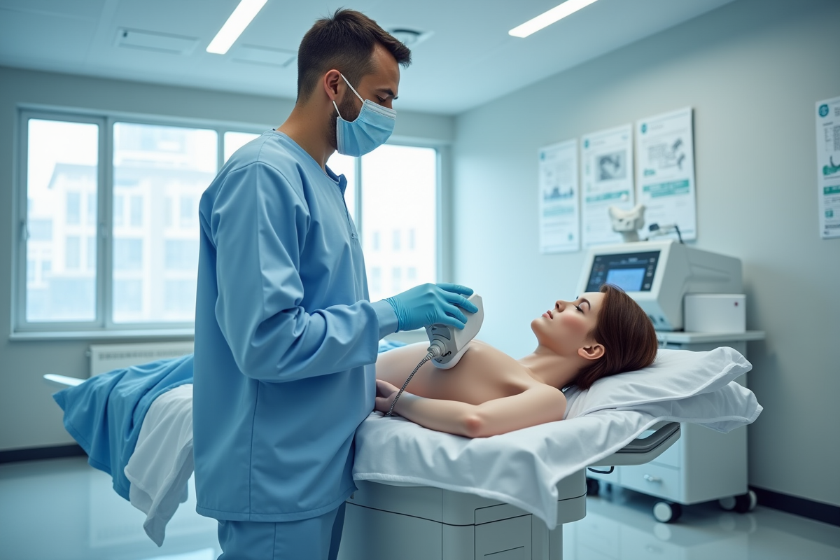 Technicien jeune utilisant HIFU sur mannequin de formation