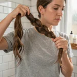 Femme réalisant la technique de la torsade pour couper ses pointes seule dans une salle de bain